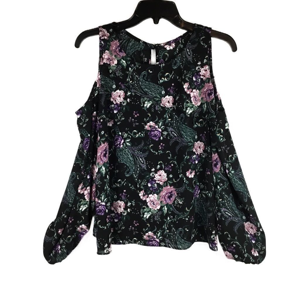 I N San Francisco Blouse Cold shoulder Floral Black Pink Purple Small